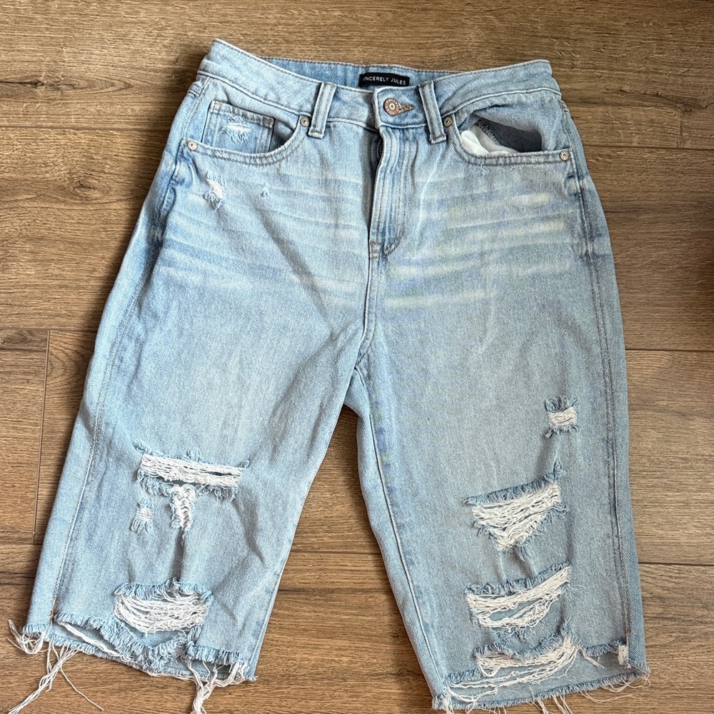 Distressed Light Blue Denim Shorts